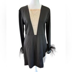 Women’s Black and Cream Dress with Feather Cuffs EUC Size XL